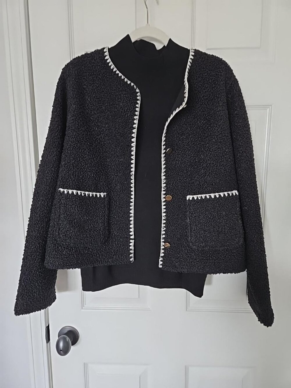J. Crew NWT Black Textured Fleet Lady Jacket W/Ivory Whipstitch Trim, SZ L